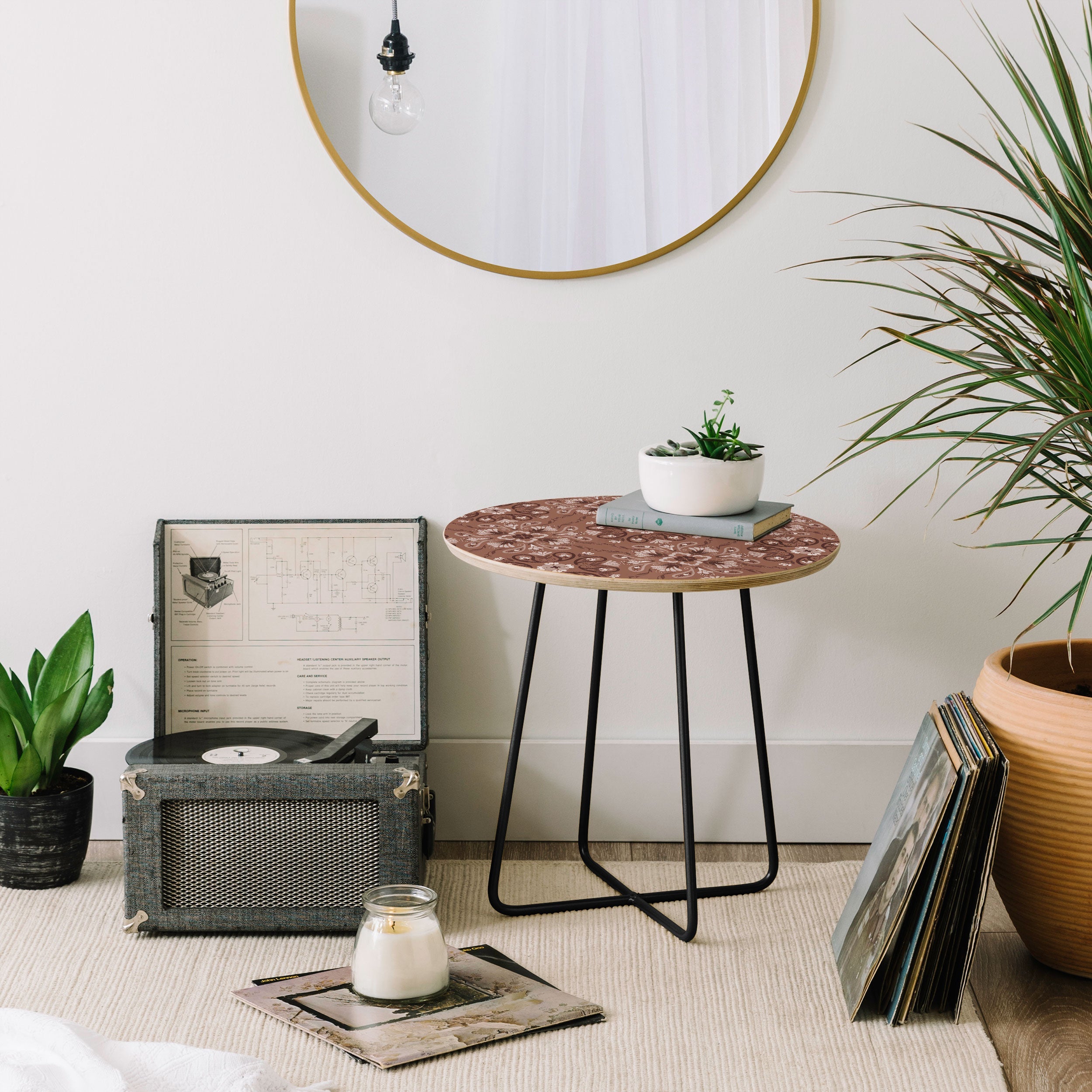 Pimlada Phuapradit Paisley Floral Tiles Brown Round Side Table