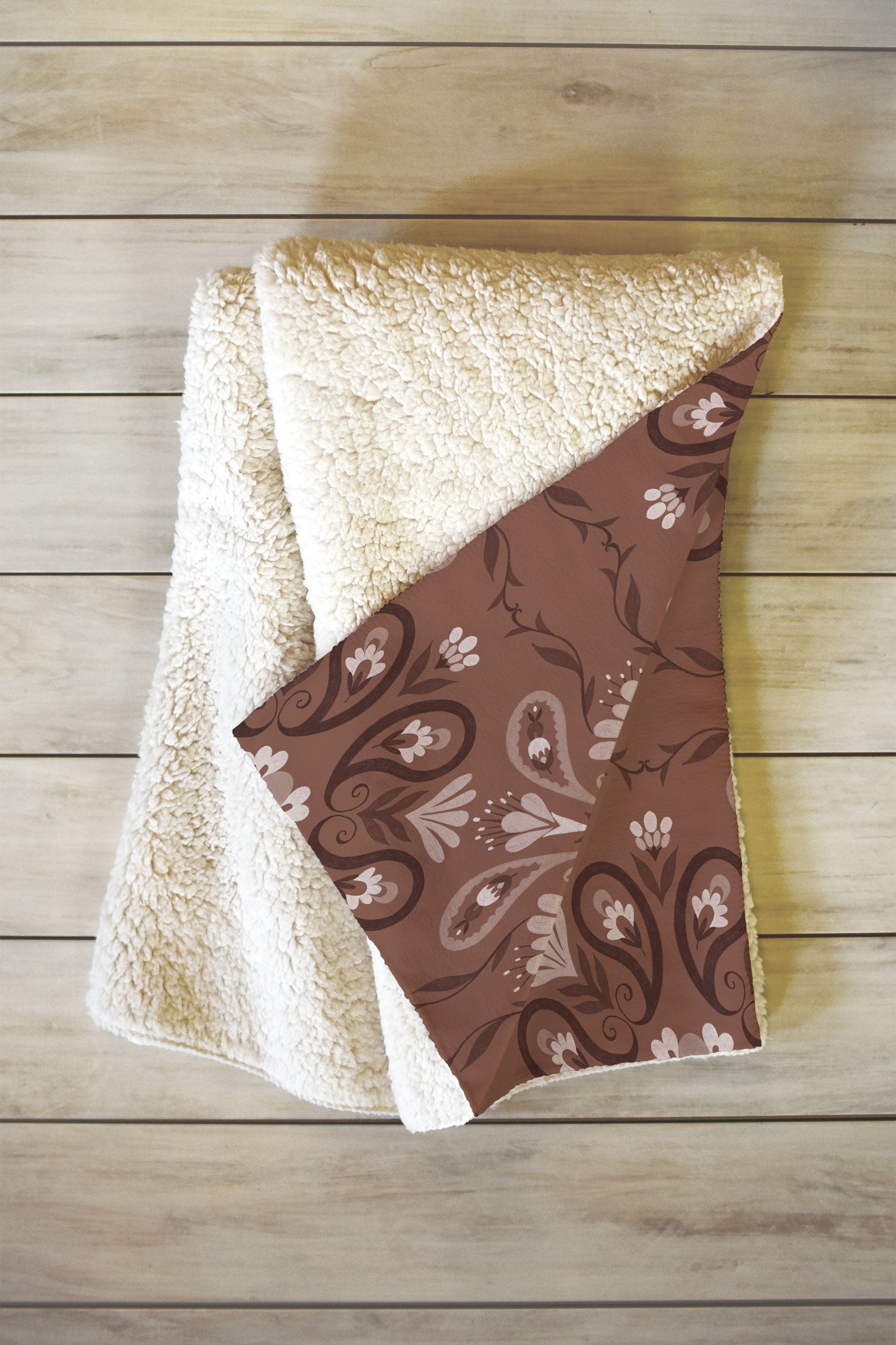 Pimlada Phuapradit Paisley Floral Tiles Brown Fleece Throw Blanket