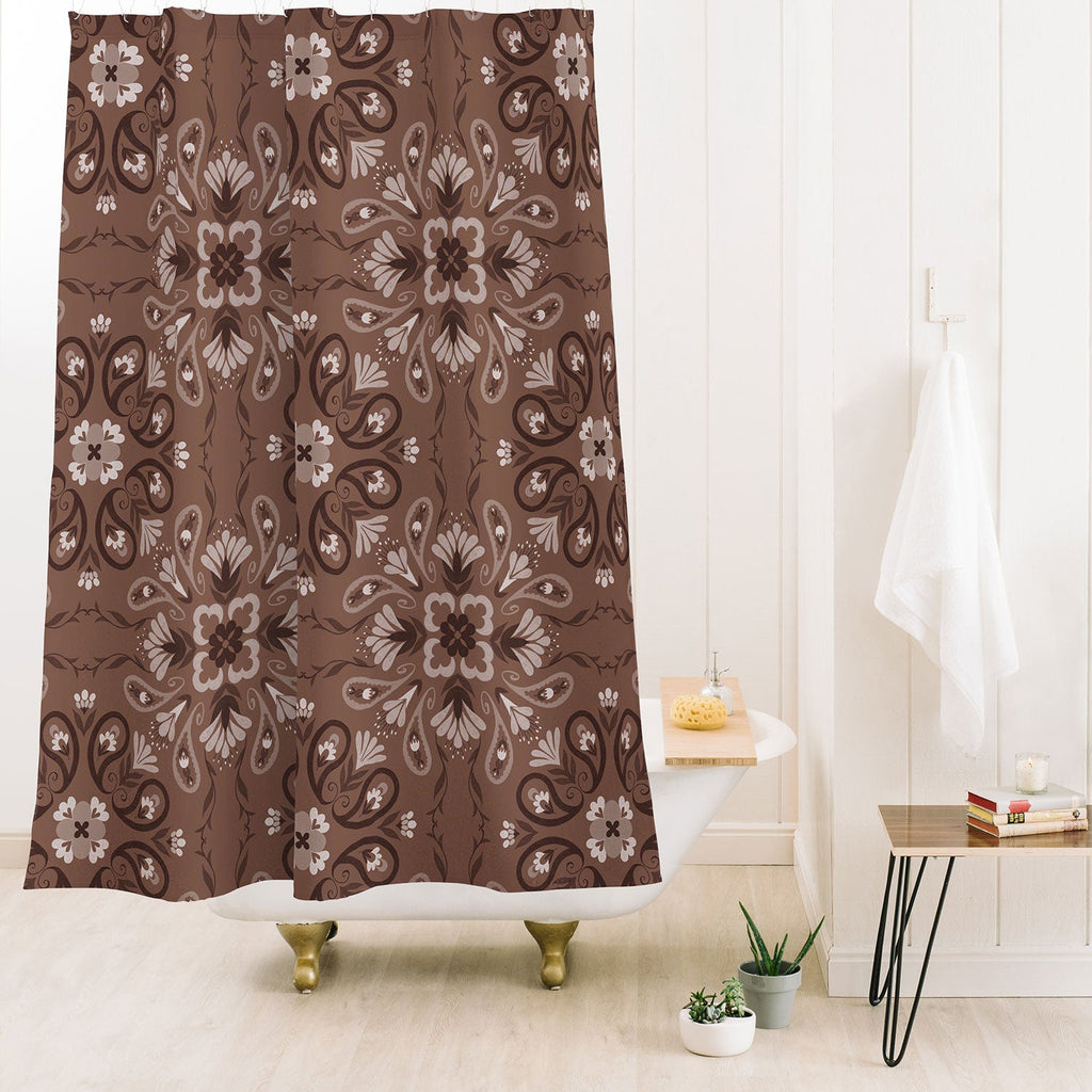 Pimlada Phuapradit Paisley Floral Tiles Brown Shower Curtain