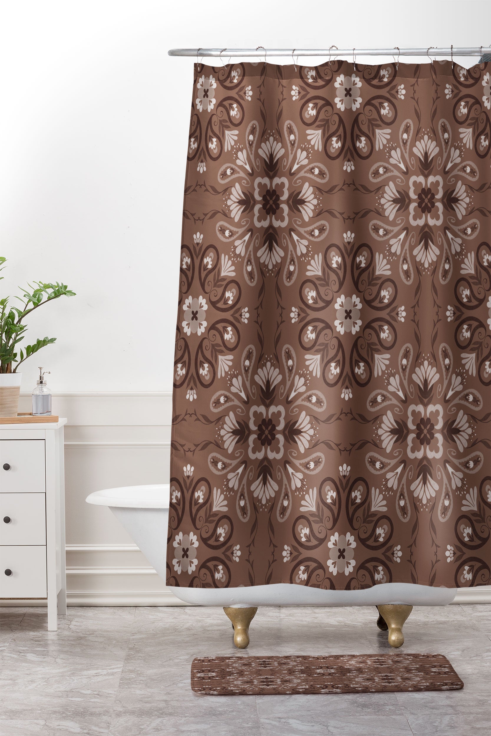 Pimlada Phuapradit Paisley Floral Tiles Brown Shower Curtain And Mat