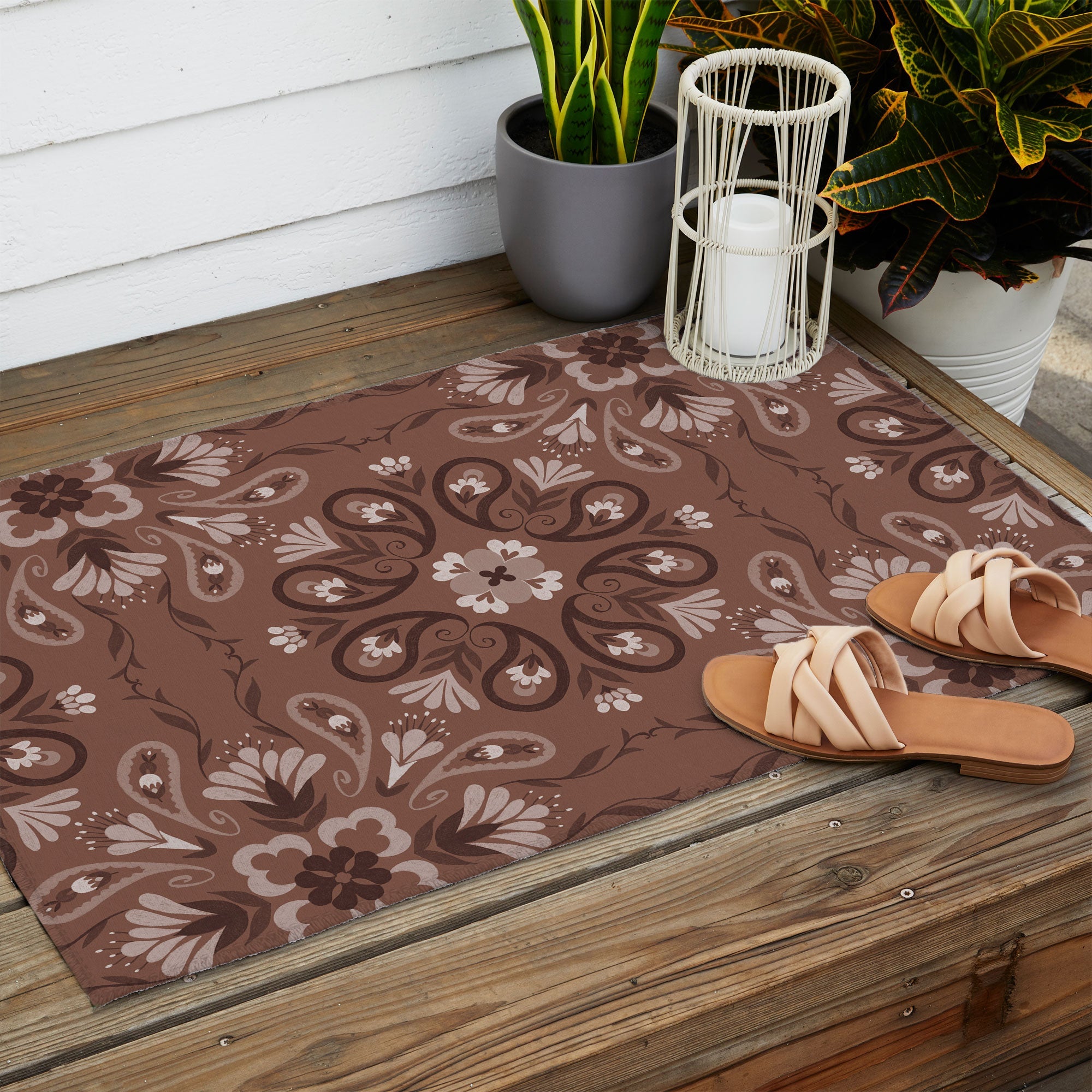 Pimlada Phuapradit Paisley Floral Tiles Brown Outdoor Rug
