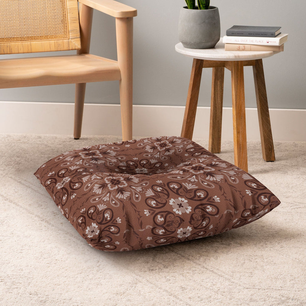 Pimlada Phuapradit Paisley Floral Tiles Brown Floor Pillow Square