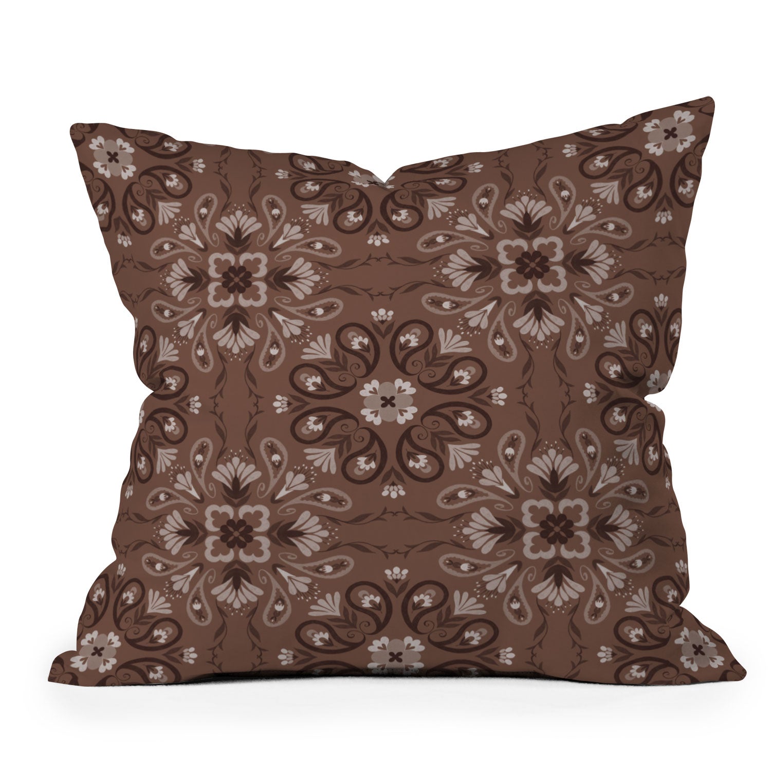 Pimlada Phuapradit Paisley Floral Tiles Brown Outdoor Throw Pillow