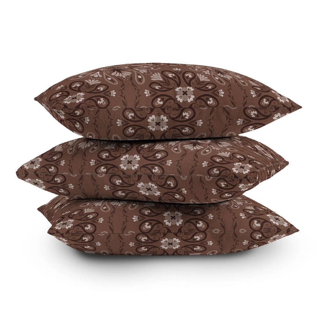 Pimlada Phuapradit Paisley Floral Tiles Brown Outdoor Throw Pillow