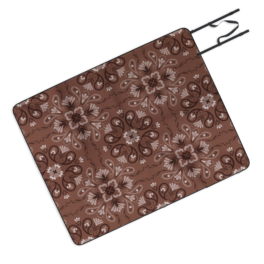 Pimlada Phuapradit Paisley Floral Tiles Brown Picnic Blanket