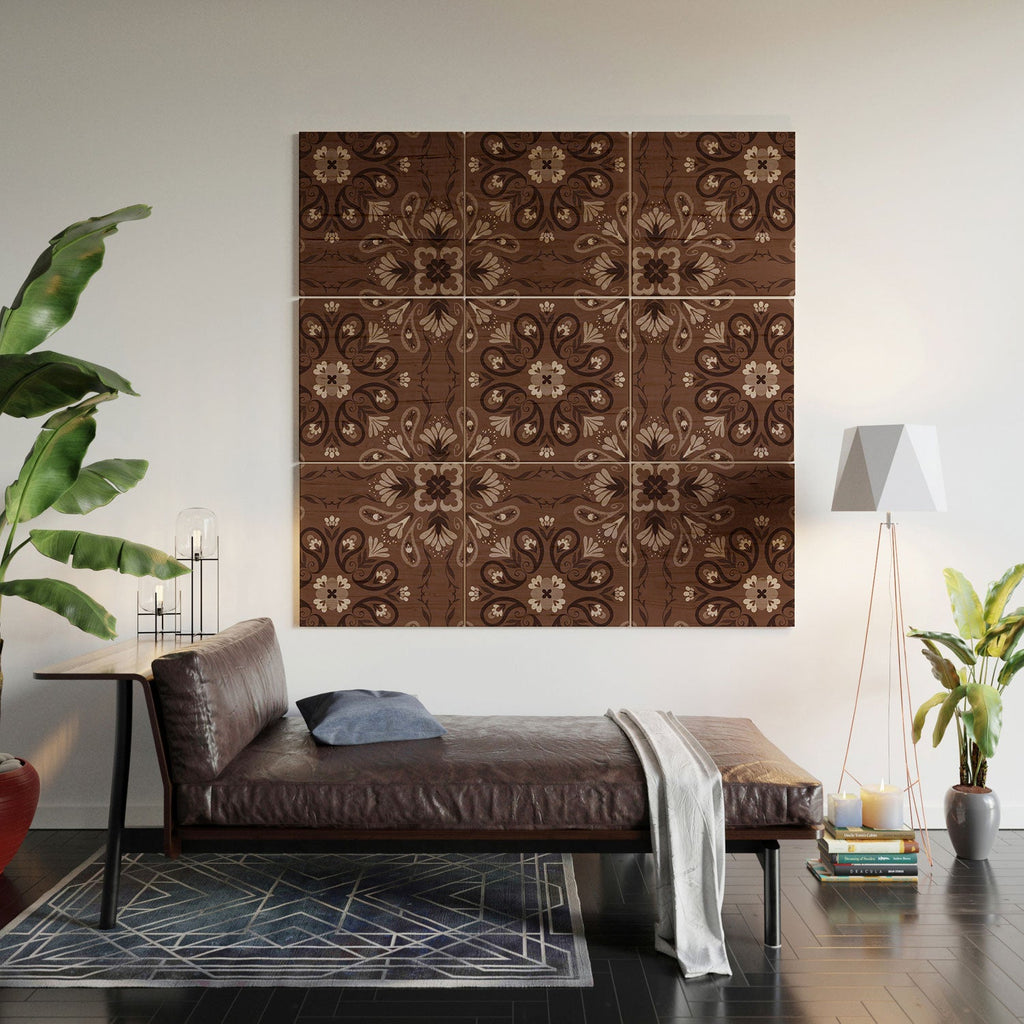 Pimlada Phuapradit Paisley Floral Tiles Brown Wood Wall Mural