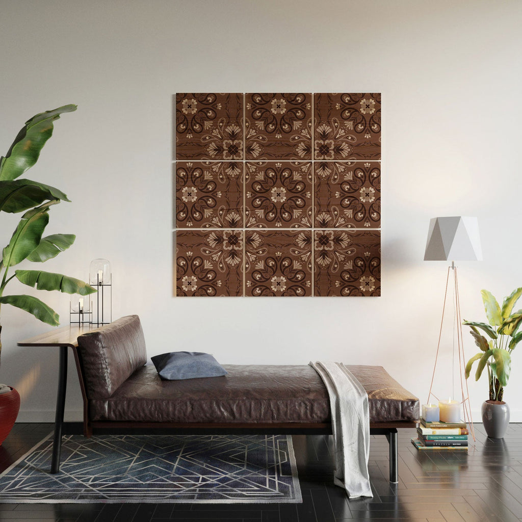 Pimlada Phuapradit Paisley Floral Tiles Brown Wood Wall Mural