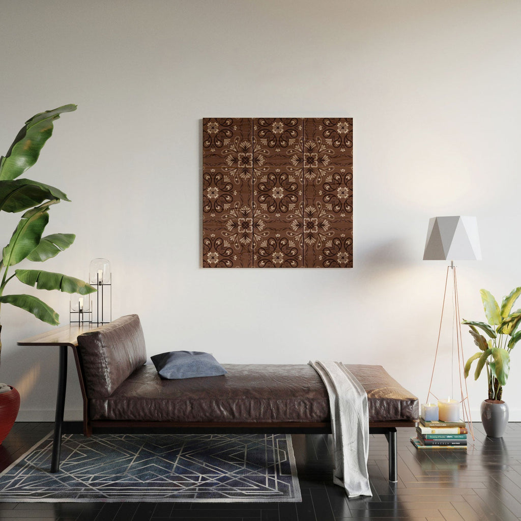 Pimlada Phuapradit Paisley Floral Tiles Brown Wood Wall Mural