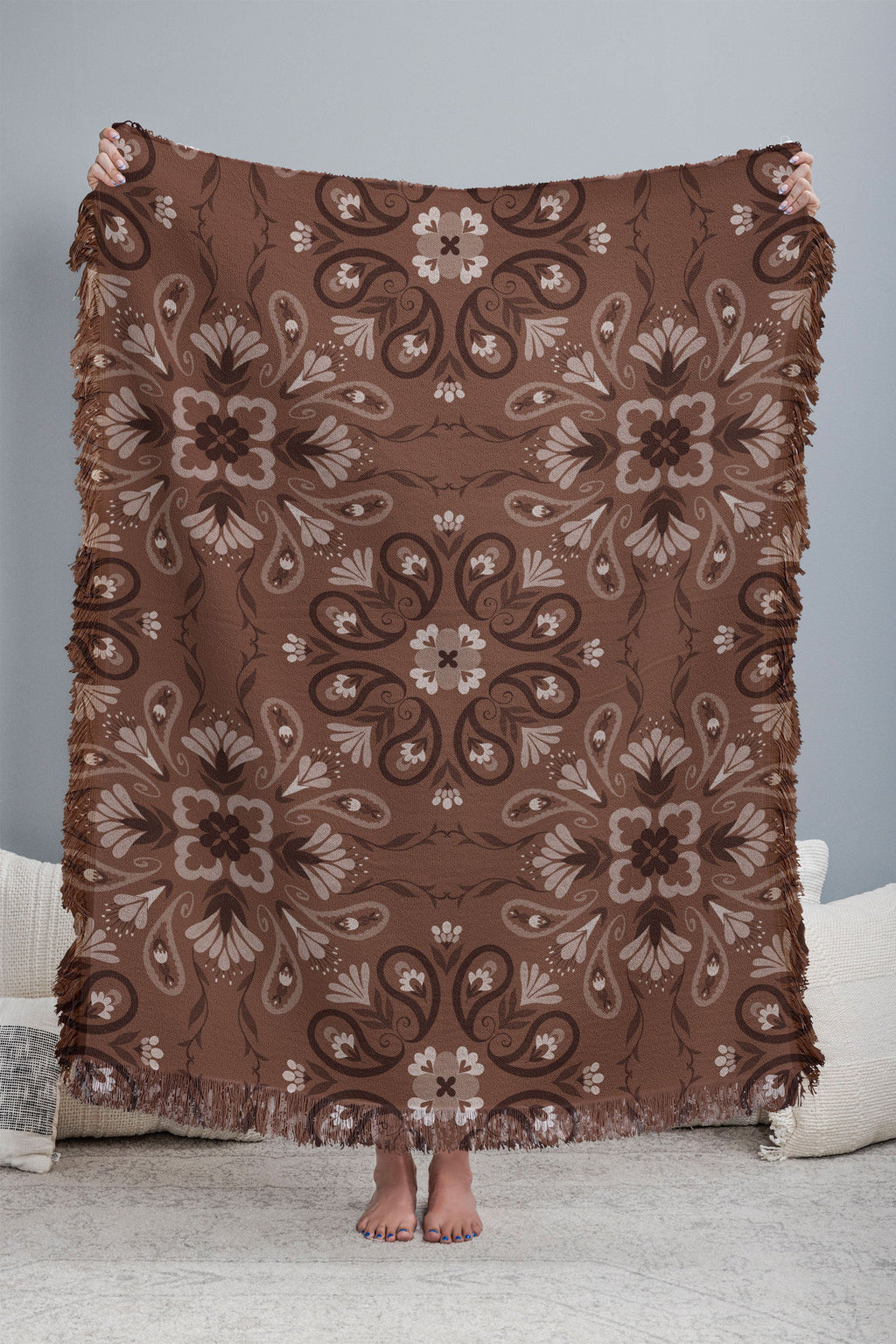 Pimlada Phuapradit Paisley Floral Tiles Brown Throw Blanket