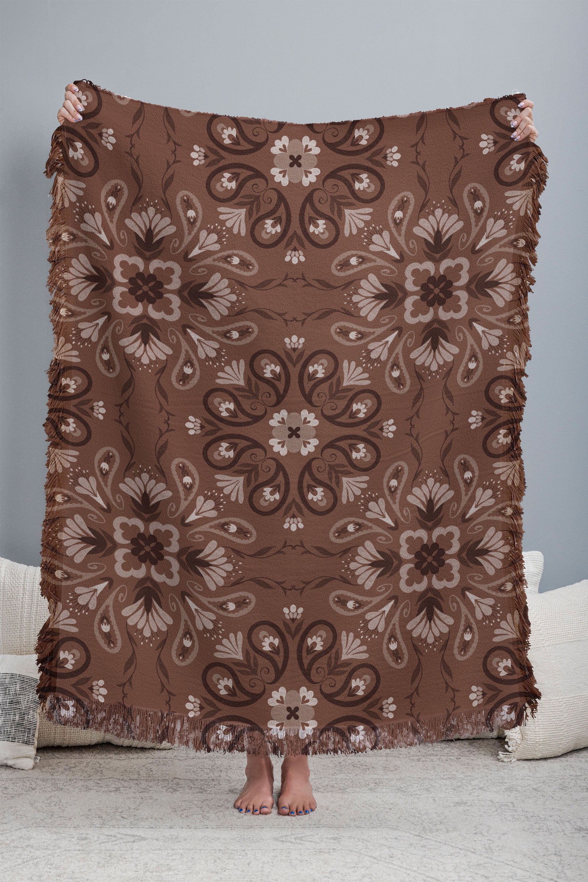 Pimlada Phuapradit Paisley Floral Tiles Brown Throw Blanket