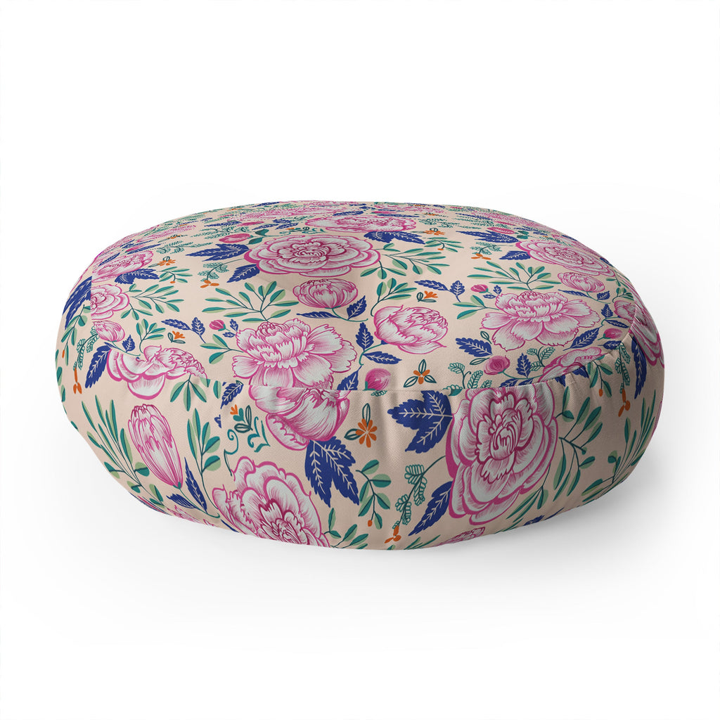 Pimlada Phuapradit Pink Peonies Pattern Floor Pillow Round