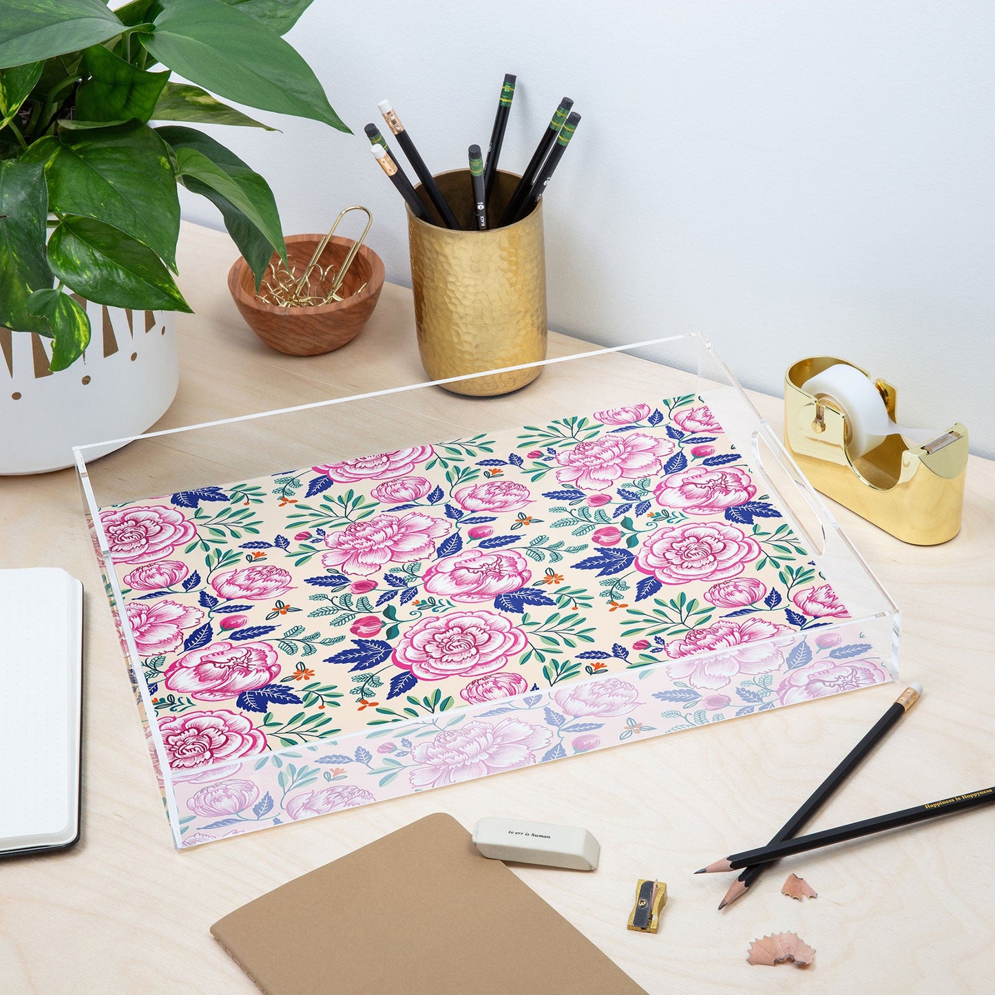 Pimlada Phuapradit Pink Peonies Pattern Acrylic Tray
