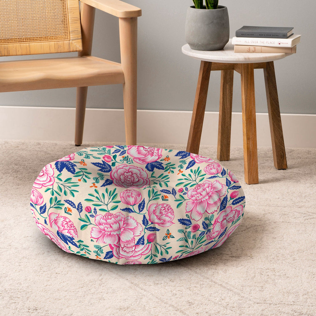 Pimlada Phuapradit Pink Peonies Pattern Floor Pillow Round