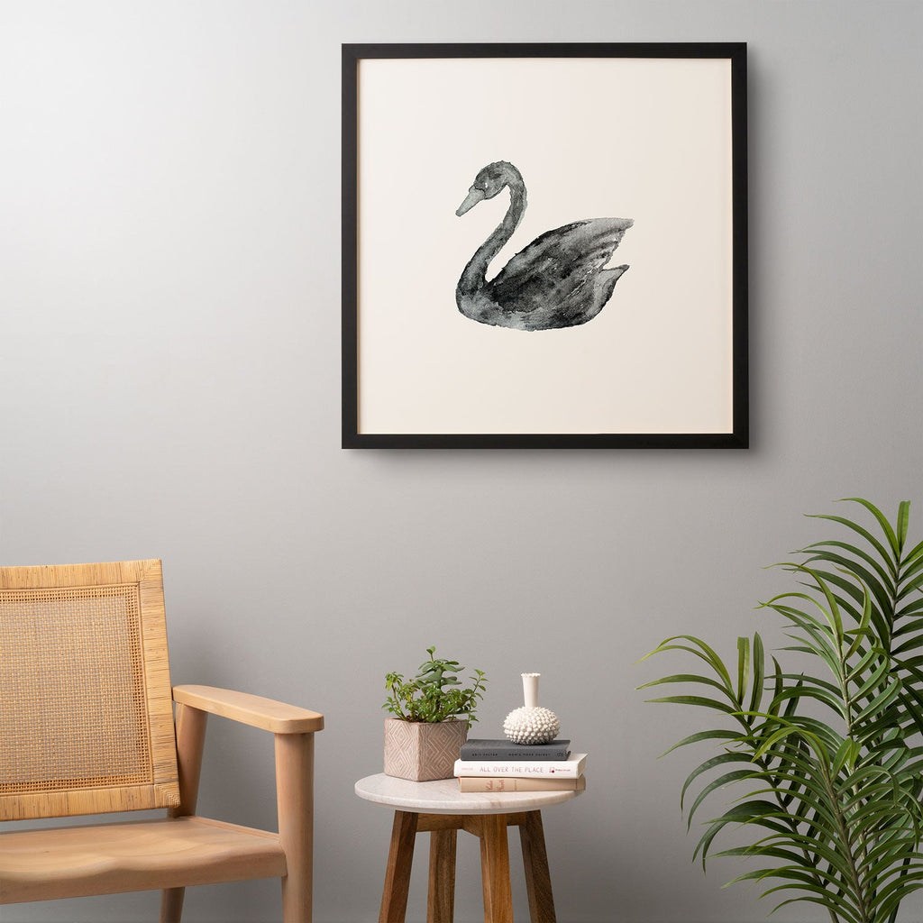 Pink Water Elegant black white swan Framed Wall Art