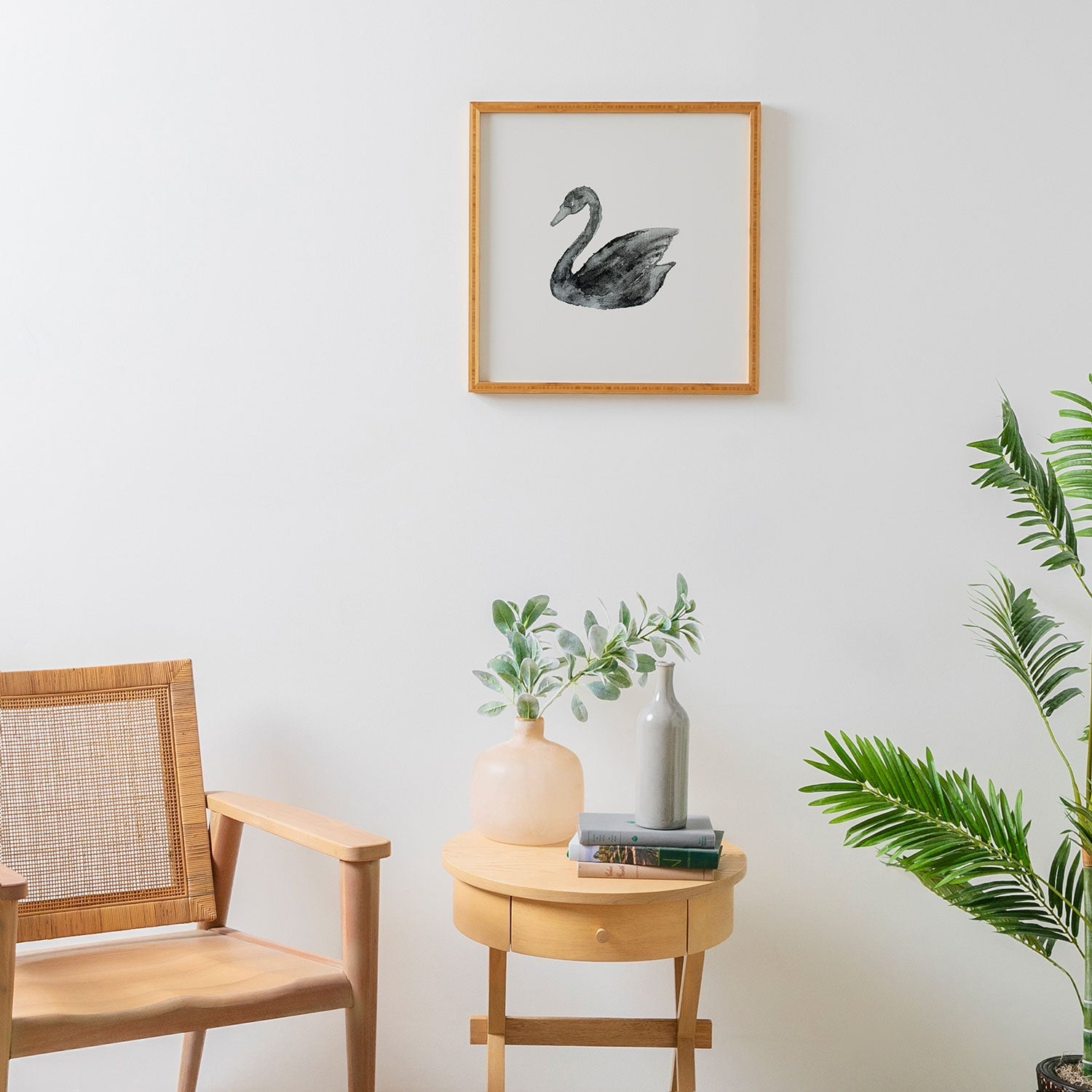 Pink Water Elegant black white swan Framed Wall Art