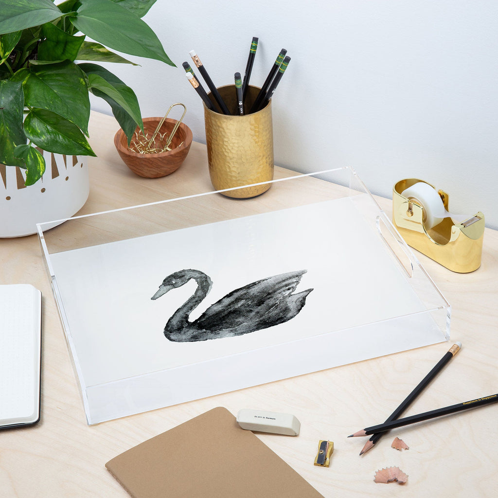 Pink Water Elegant black white swan Acrylic Tray