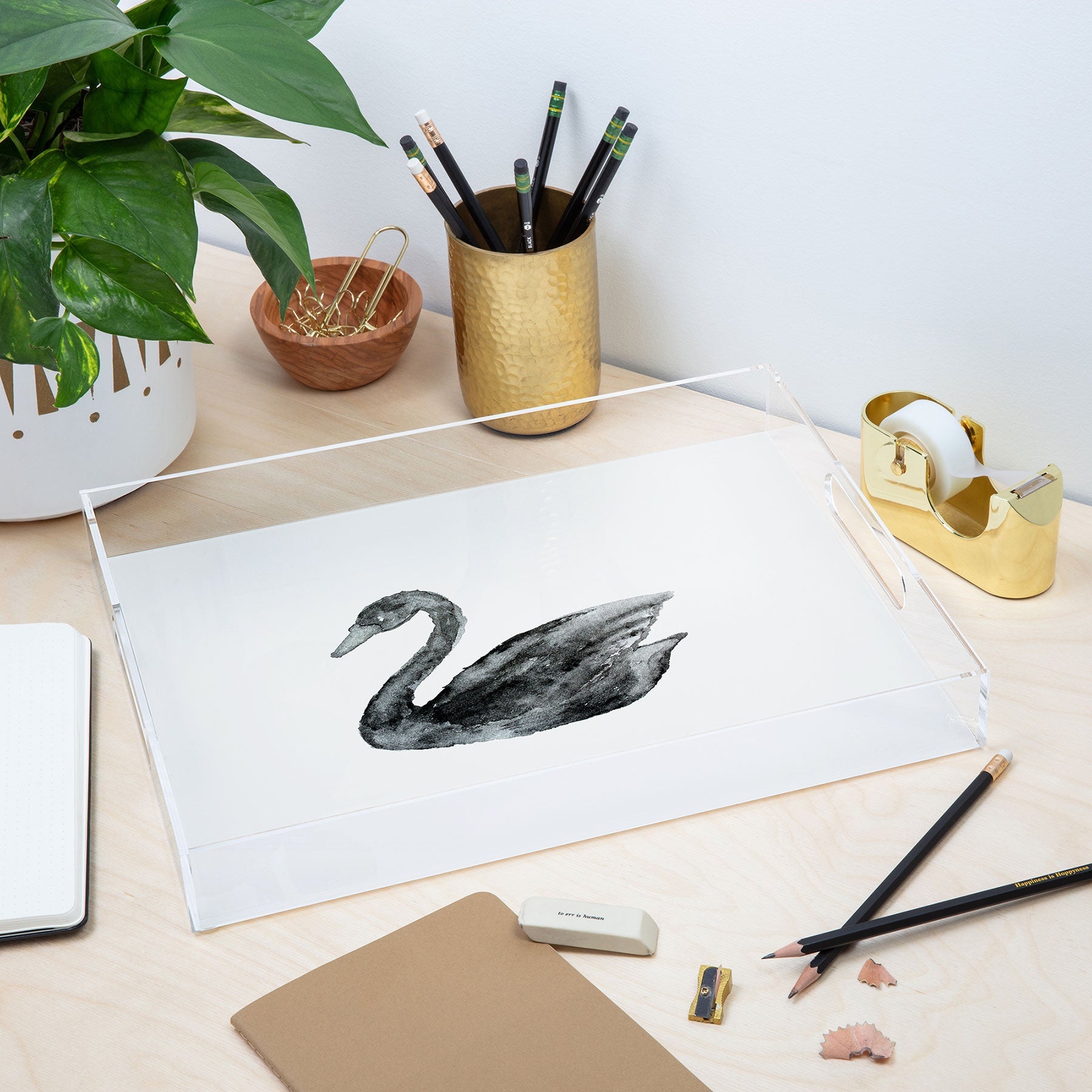 Pink Water Elegant black white swan Acrylic Tray