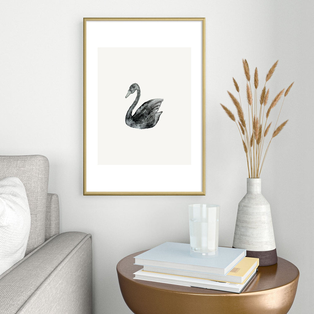 Pink Water Elegant black white swan Metal Framed Art Print
