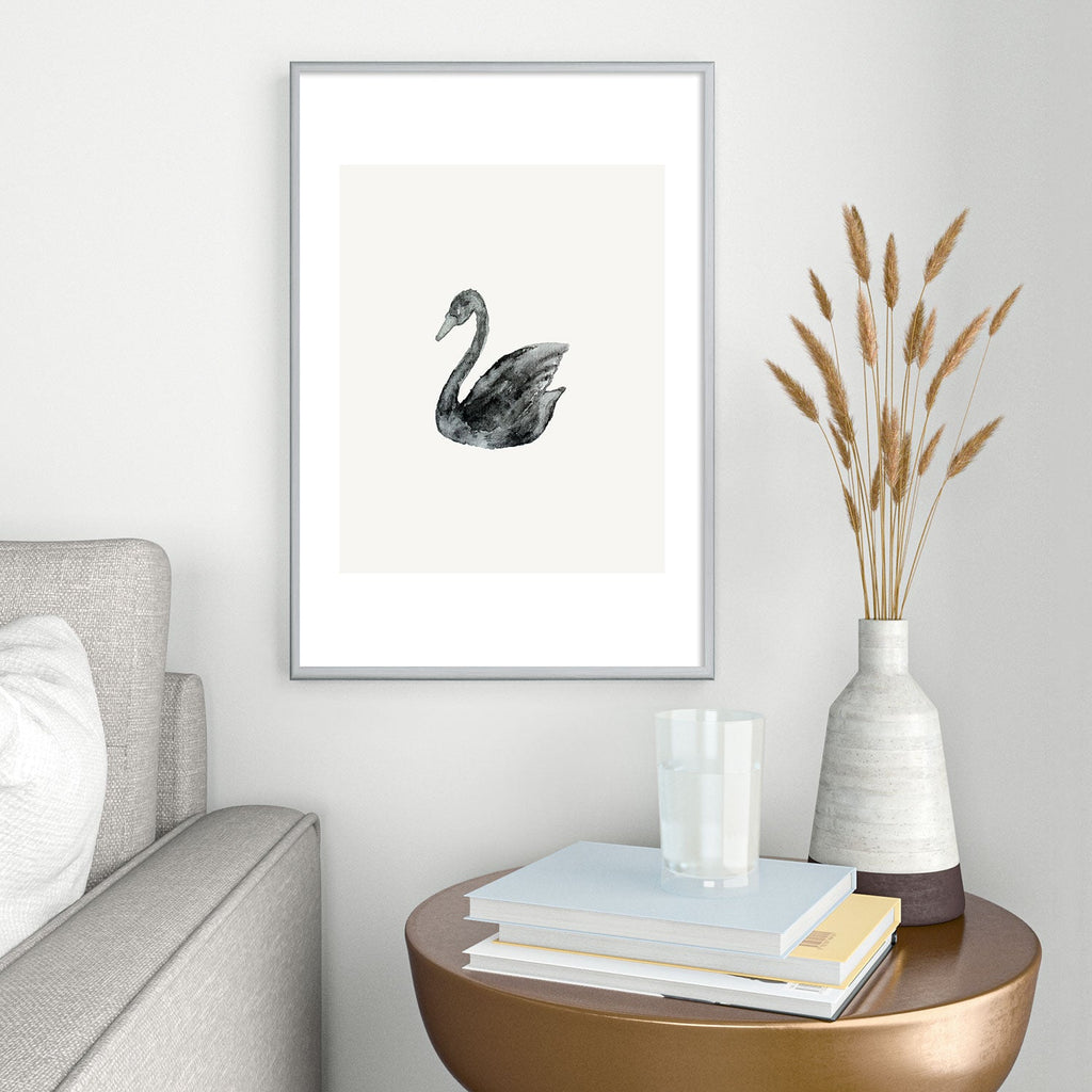 Pink Water Elegant black white swan Metal Framed Art Print