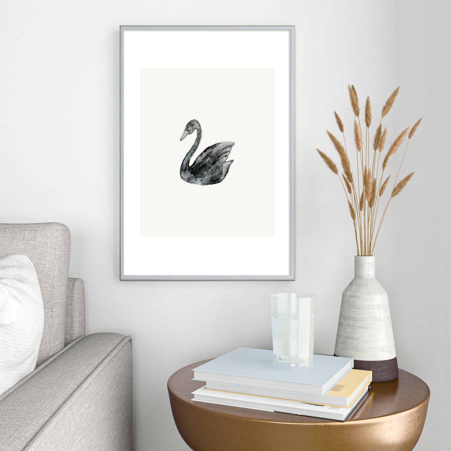 Pink Water Elegant black white swan Metal Framed Art Print