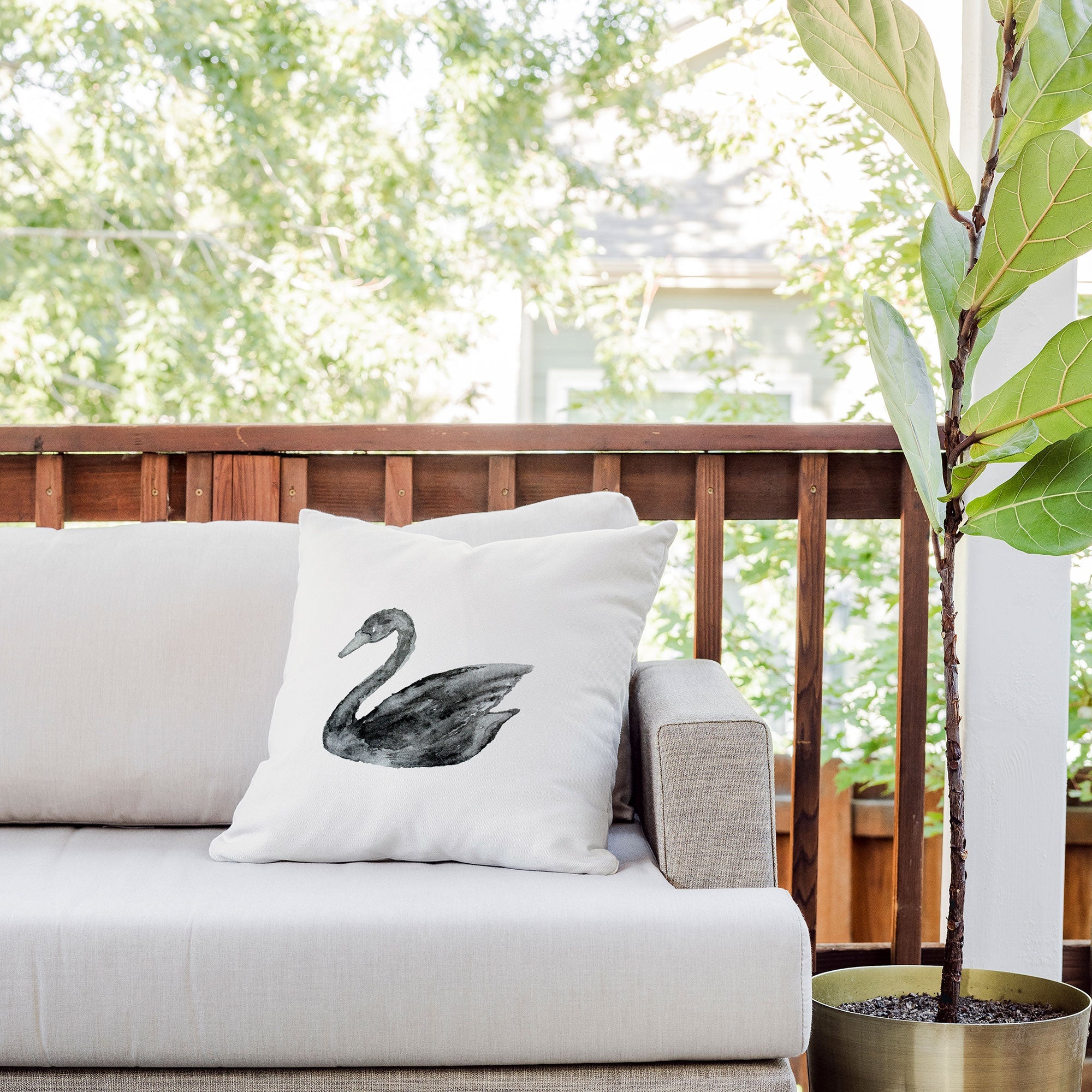 Pink Water Elegant black white swan Outdoor Throw Pillow