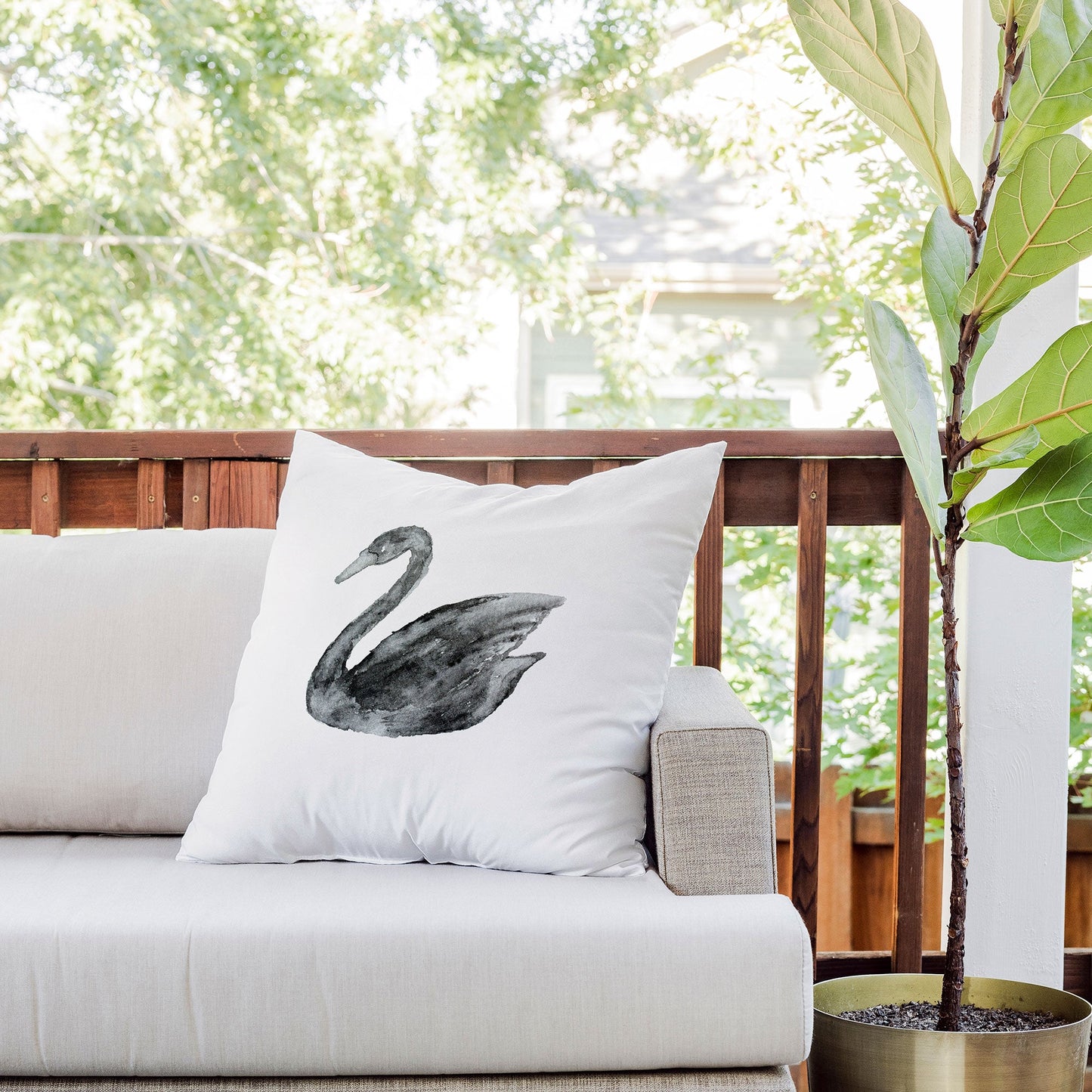 Pink Water Elegant black white swan Outdoor Throw Pillow