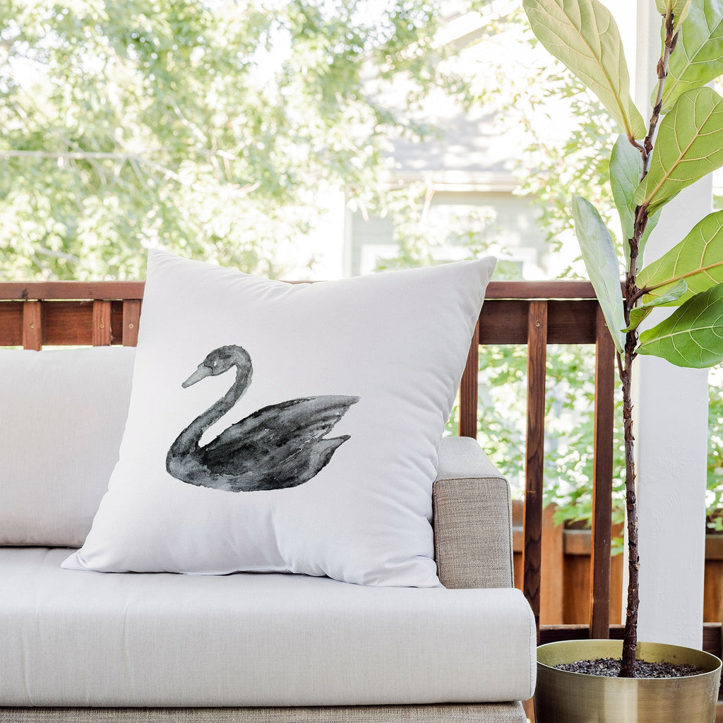 Pink Water Elegant black white swan Outdoor Throw Pillow