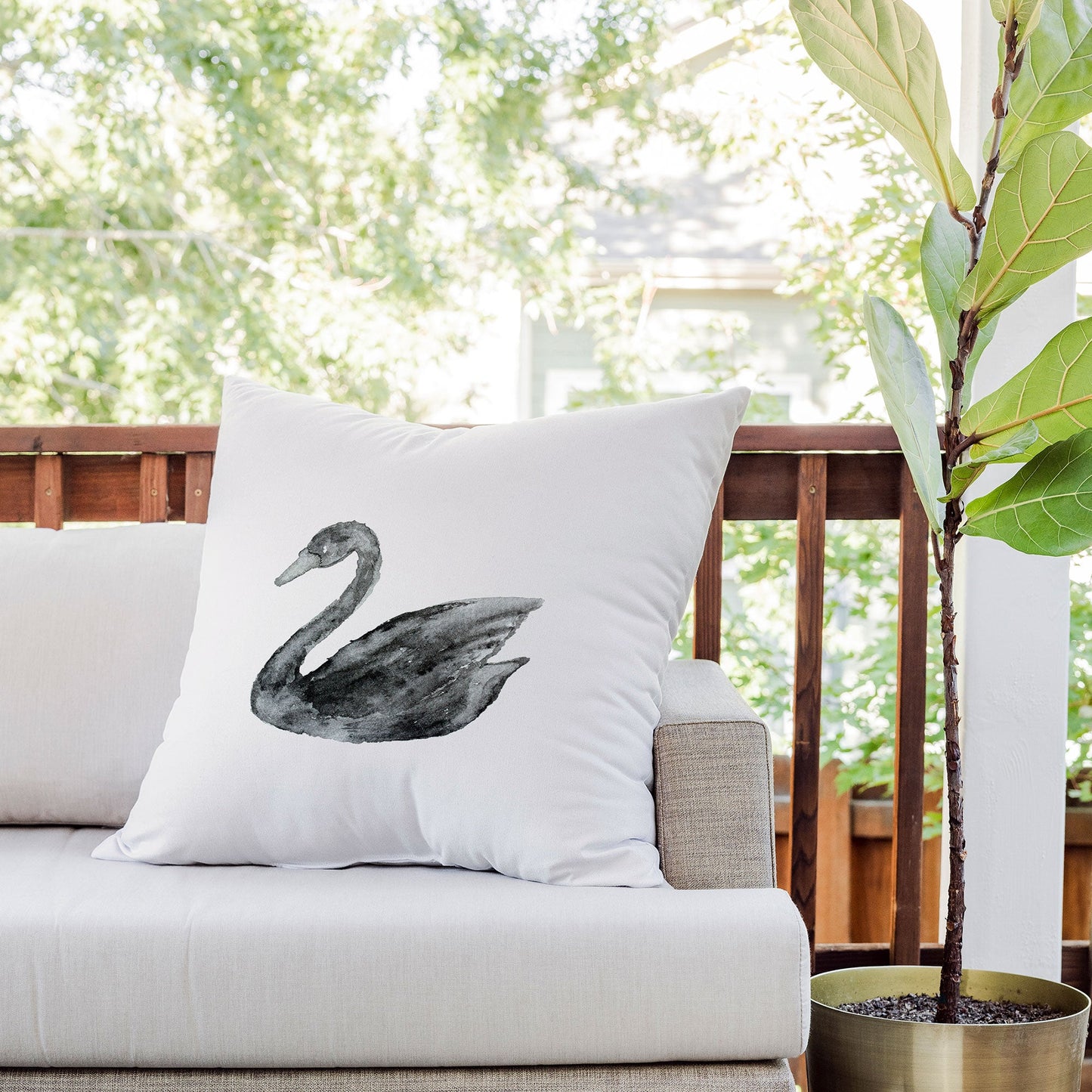 Pink Water Elegant black white swan Outdoor Throw Pillow