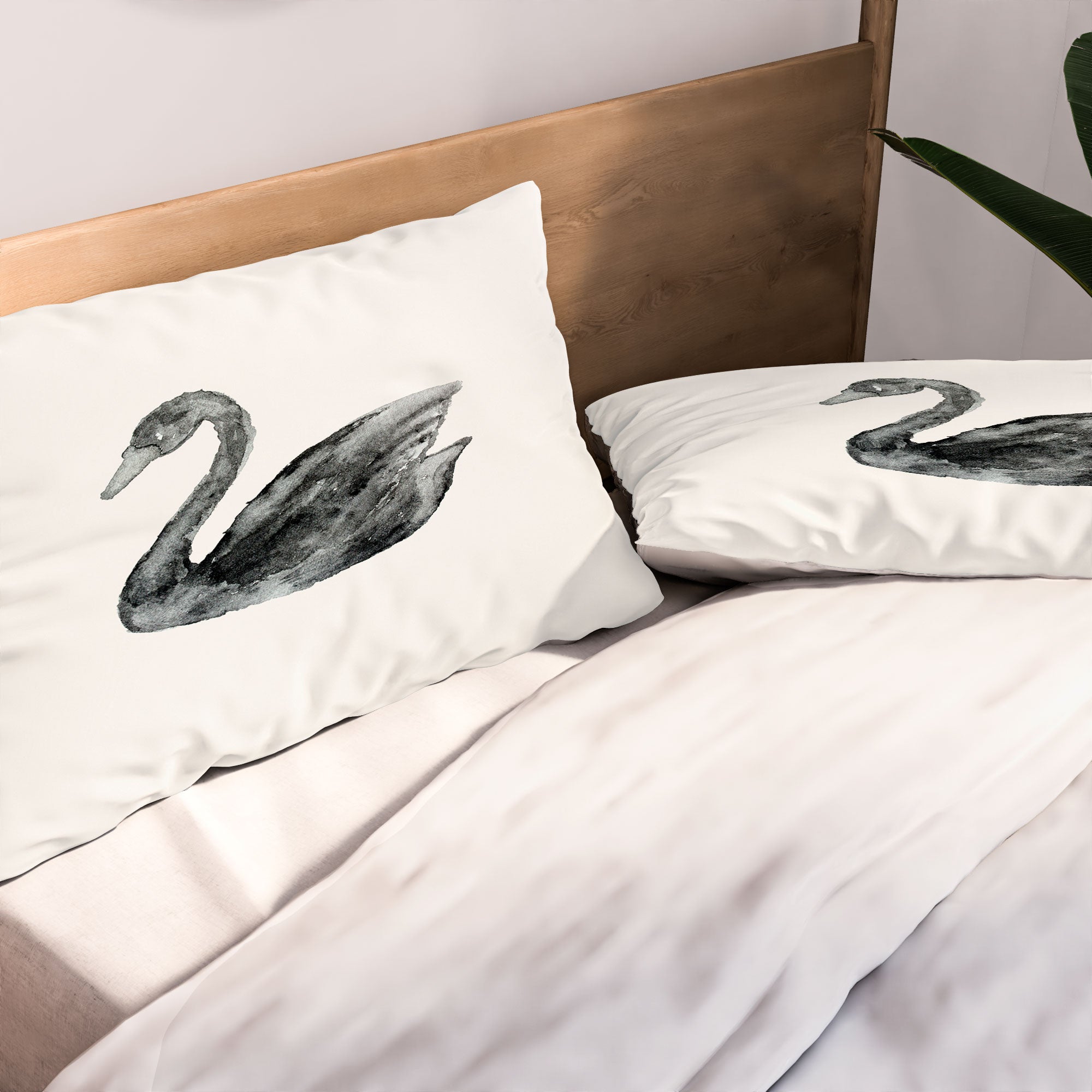 Pink Water Elegant black white swan Pillow Shams
