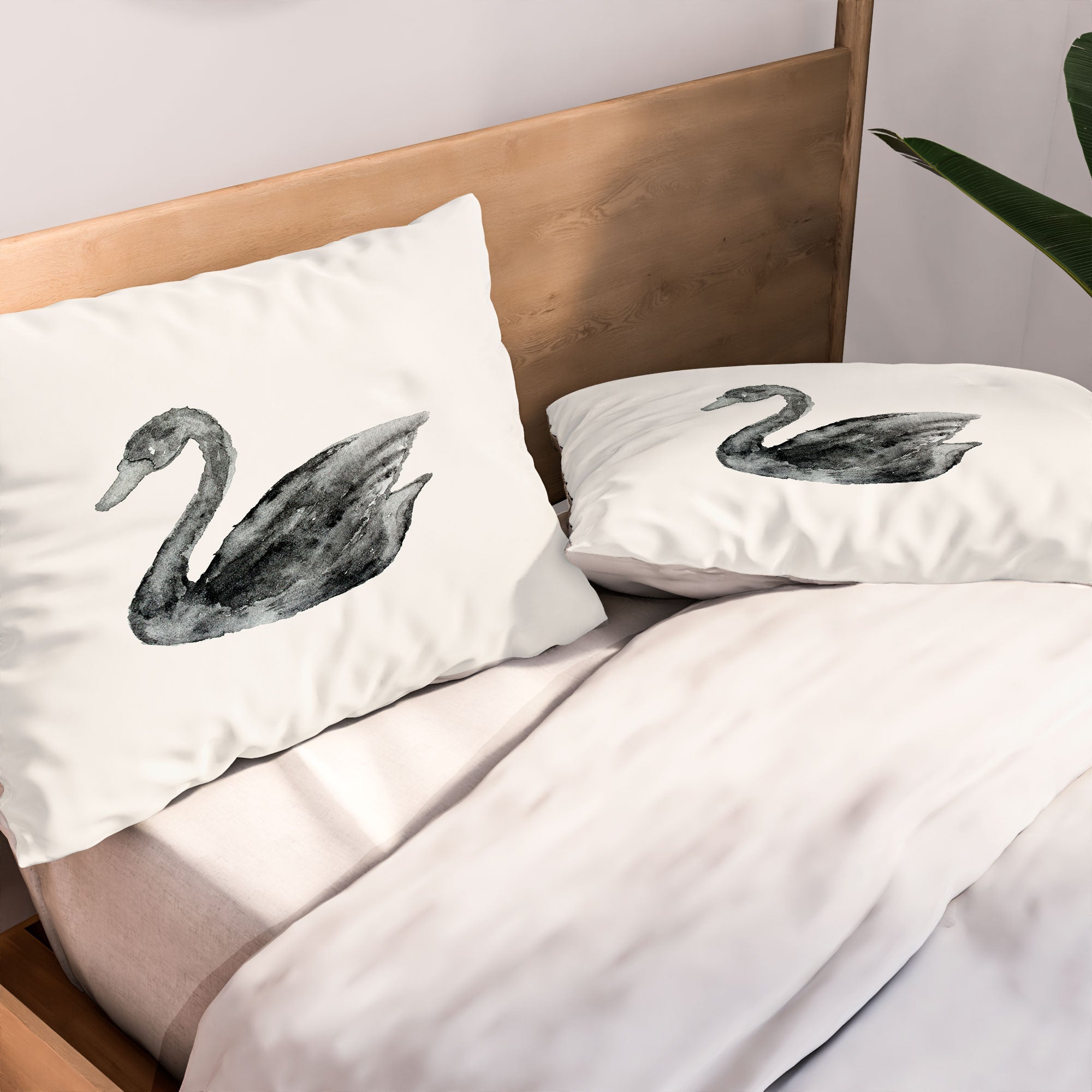 Pink Water Elegant black white swan Pillow Shams