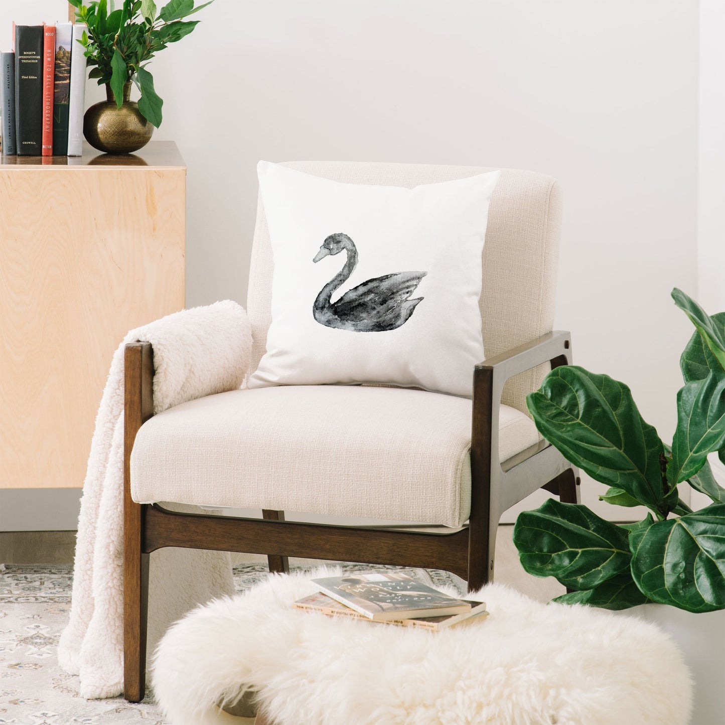 Pink Water Elegant black white swan Throw Pillow