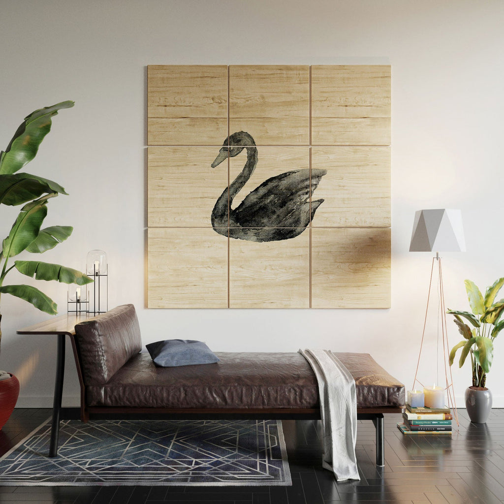 Pink Water Elegant black white swan Wood Wall Mural