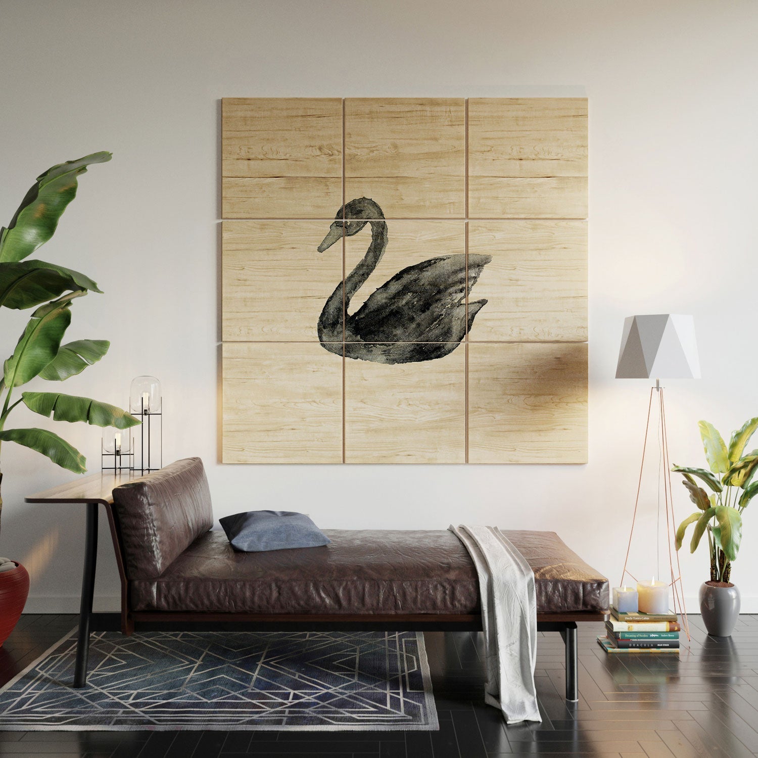 Pink Water Elegant black white swan Wood Wall Mural
