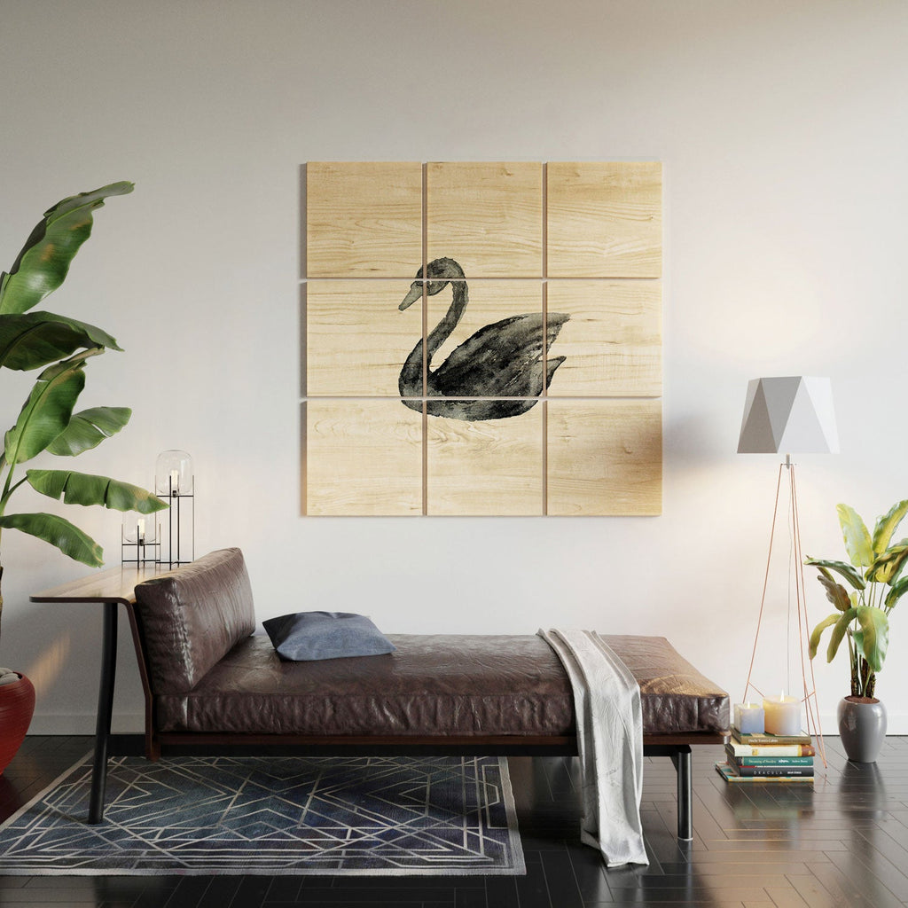 Pink Water Elegant black white swan Wood Wall Mural