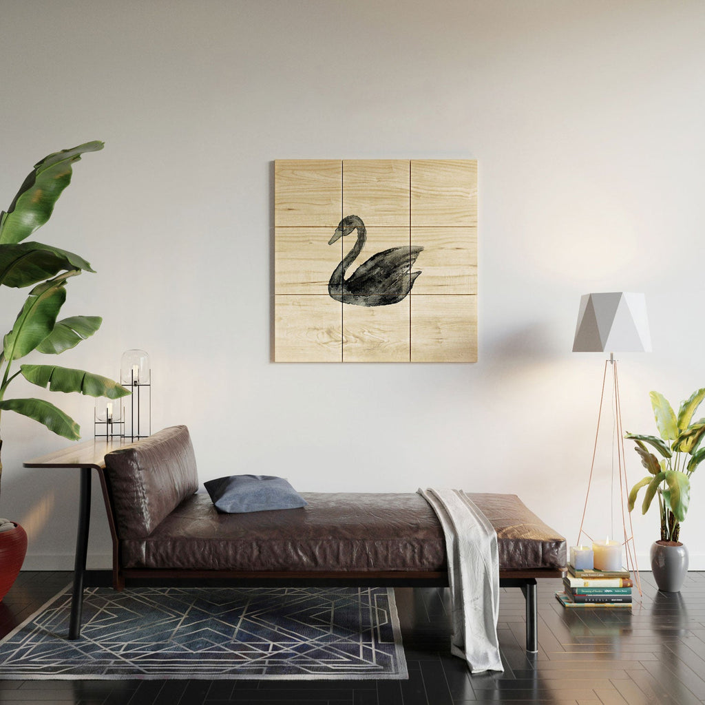 Pink Water Elegant black white swan Wood Wall Mural