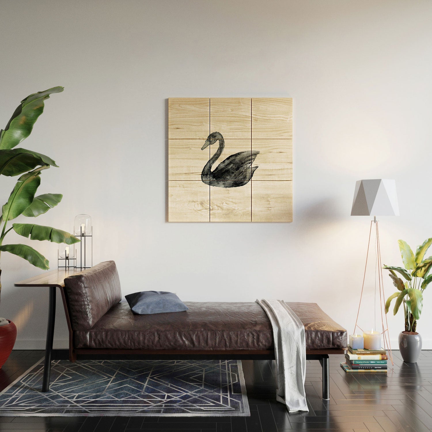 Pink Water Elegant black white swan Wood Wall Mural