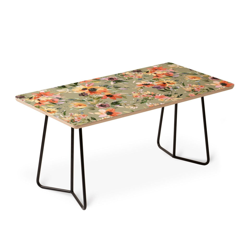 Ninola Design Botanic Retreat Painterly Tropical Flowers Sage Green Coffee Table