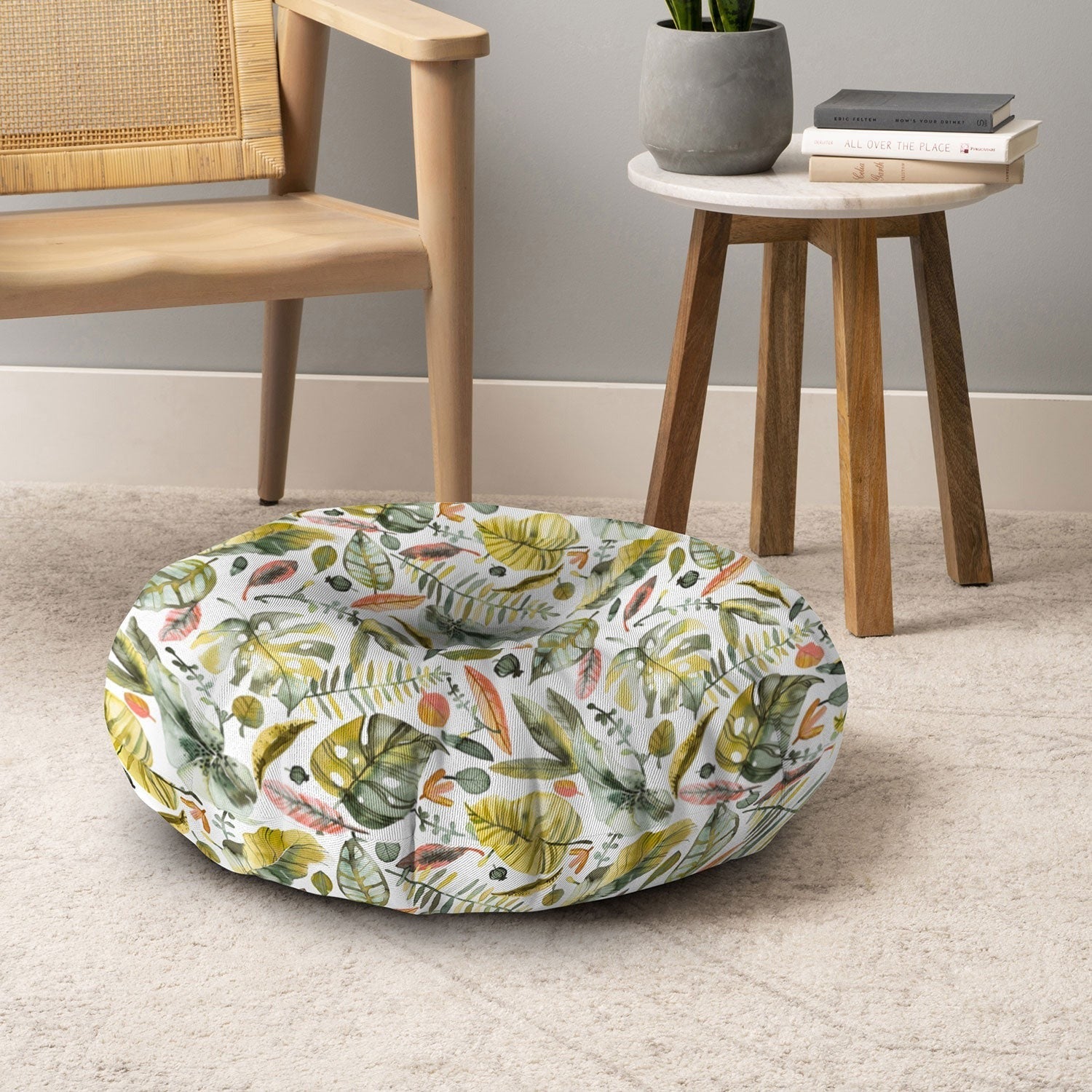 Ninola Design Botanic Retreat Tropical Jungle Leaves Botanical Green Orange Floor Pillow Round