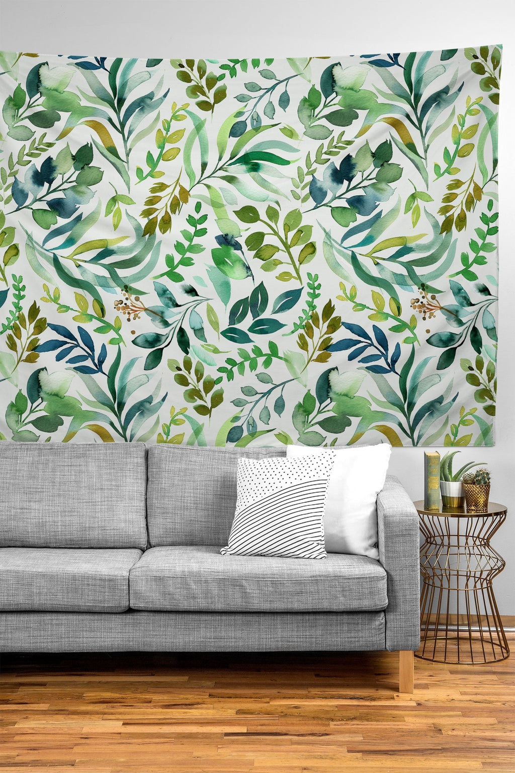 Ninola Design Botanic Retreat Loose Botanical Leaves Watercolor Green Tapestry