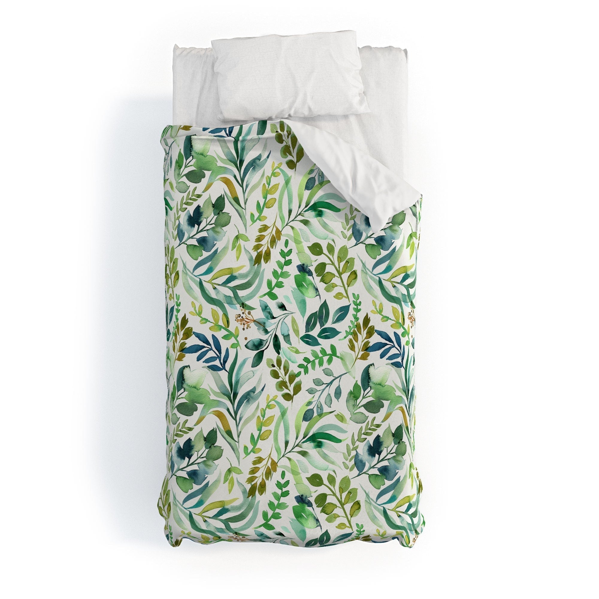 Ninola Design Botanic Retreat Loose Botanical Leaves Watercolor Green Duvet Cover