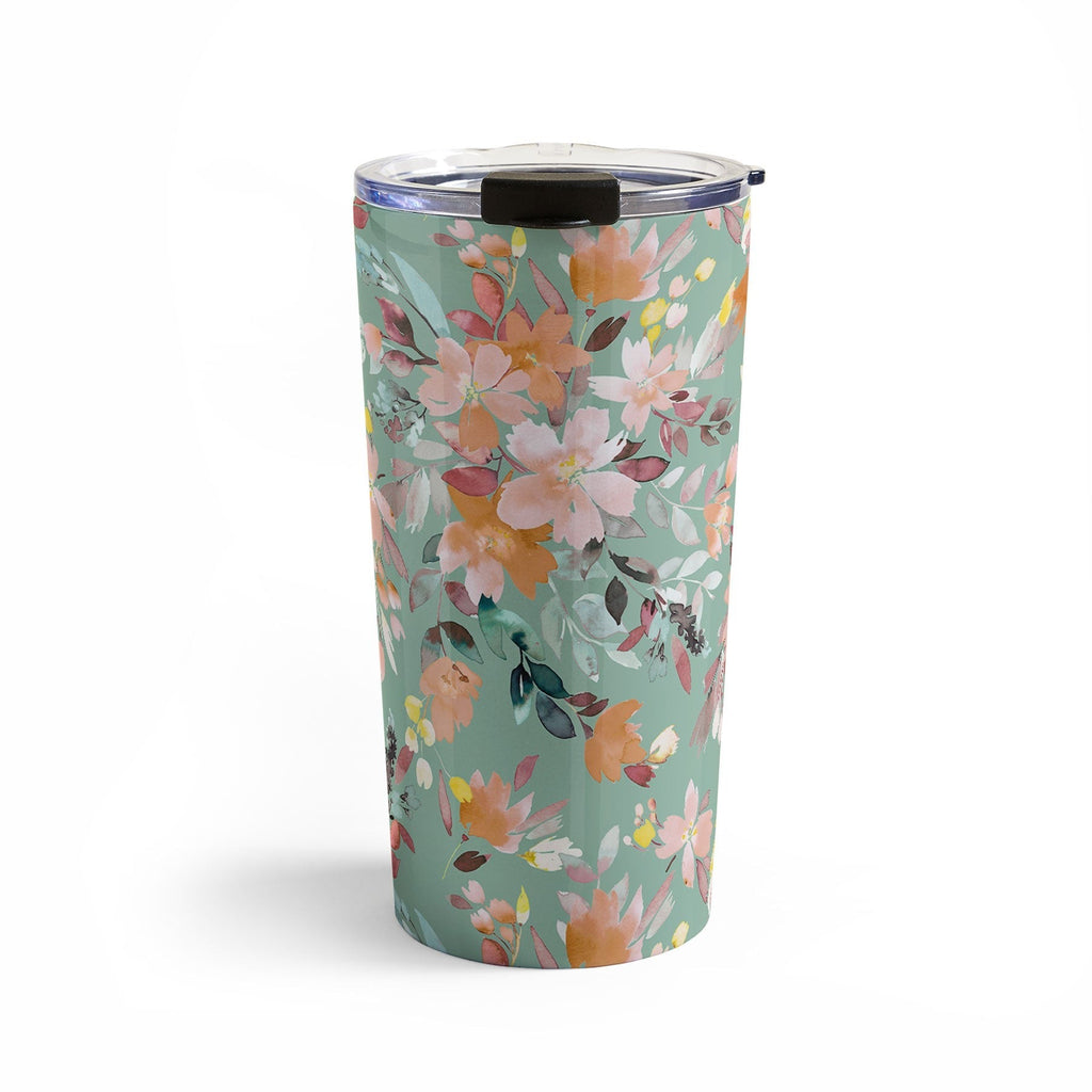 Ninola Design Botanic Retreat Floral Oleander Whimsical Teal Green Travel Mug