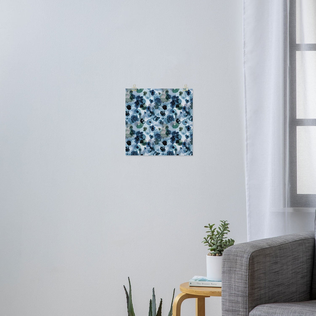 Ninola Design Botanic Retreat Ombre Abstract Watercolor Flowers Blue Navy Art Print