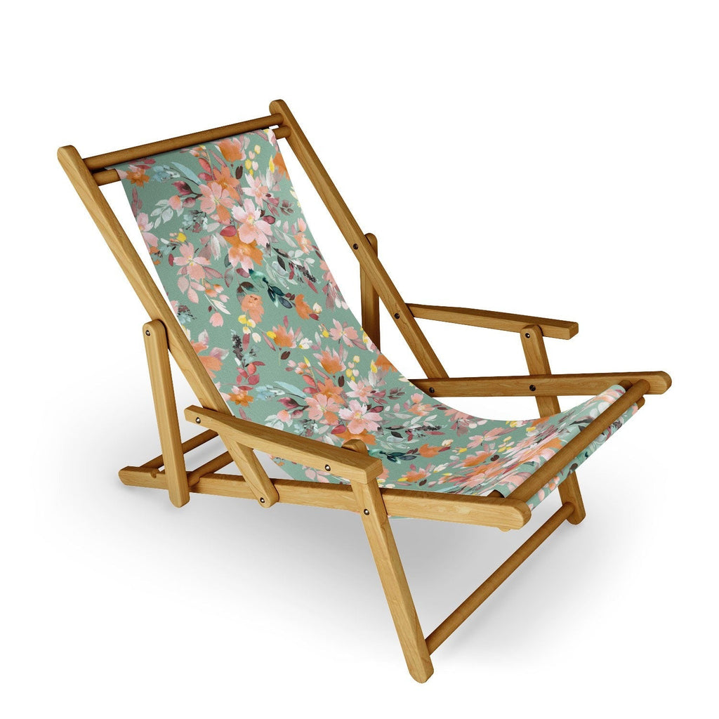 Ninola Design Botanic Retreat Floral Oleander Whimsical Teal Green Sling Chair