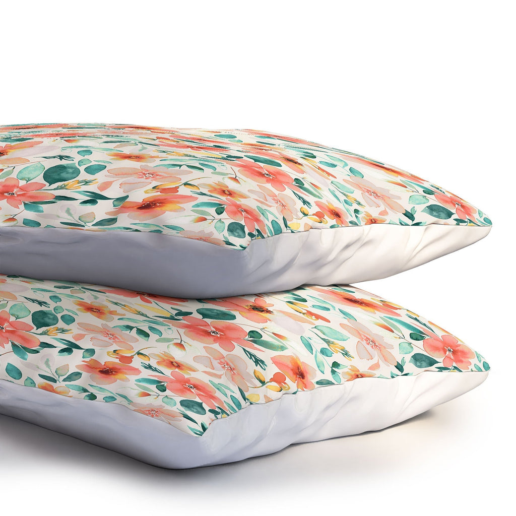 Ninola Design Botanic Retreat Tropical Whimsical Flowers Coral Green Pillow Shams