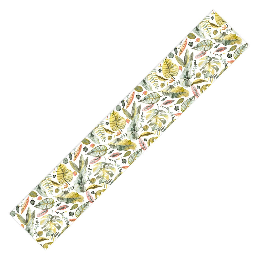 Ninola Design Botanic Retreat Tropical Jungle Leaves Botanical Green Orange Table Runner