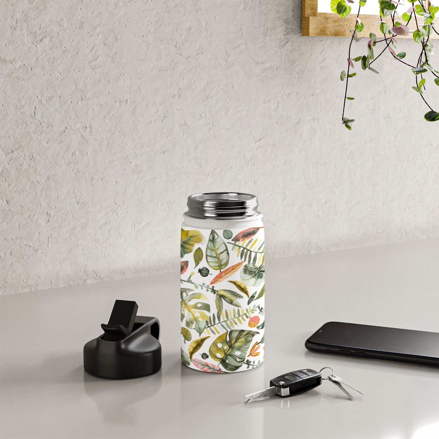 Ninola Design Botanic Retreat Tropical Jungle Leaves Botanical Green Orange Water Bottle