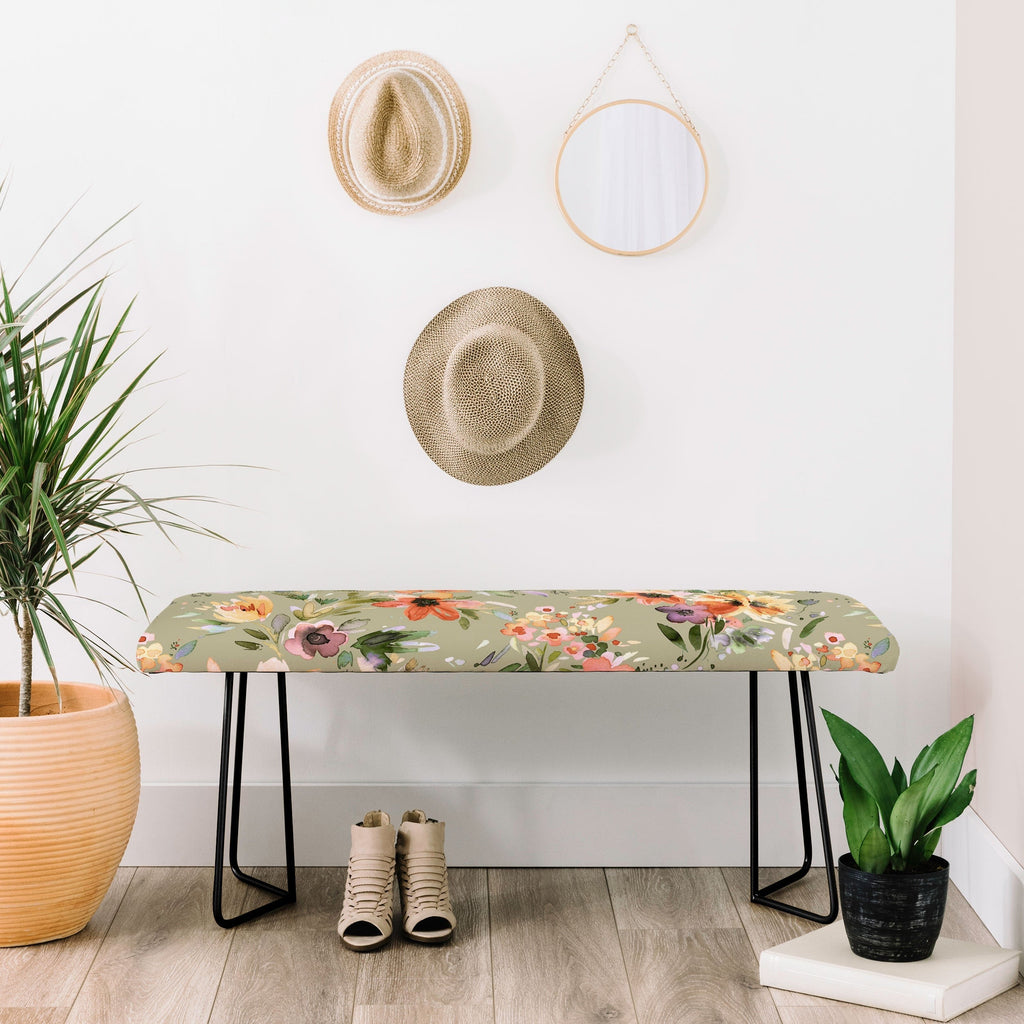 Ninola Design Botanic Retreat Painterly Tropical Flowers Sage Green Bench
