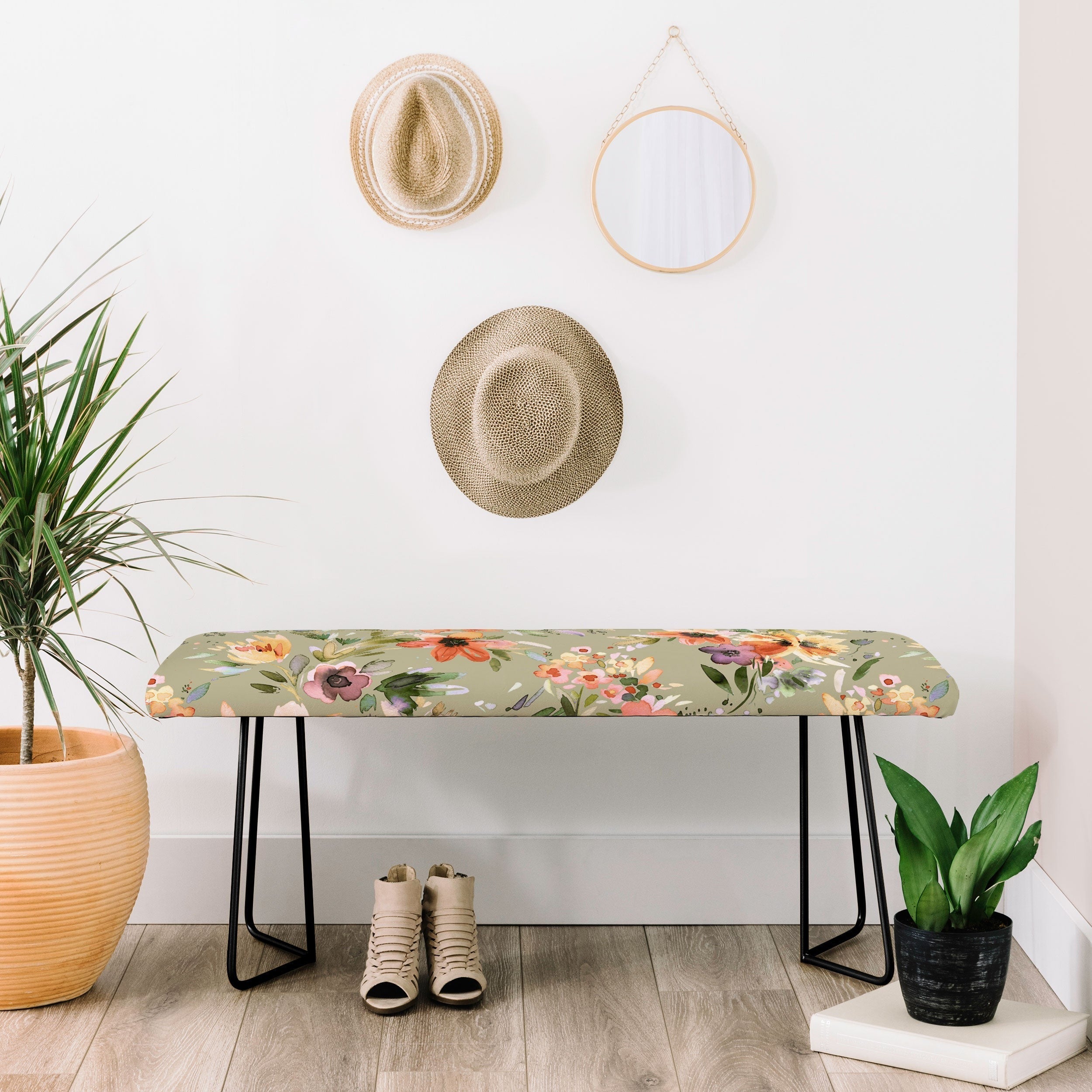 Ninola Design Botanic Retreat Painterly Tropical Flowers Sage Green Bench