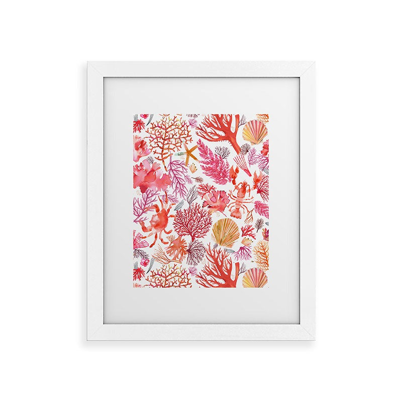 Ninola Design Botanic Retreat Coral Reef Crab Lobster Red Framed Art Print