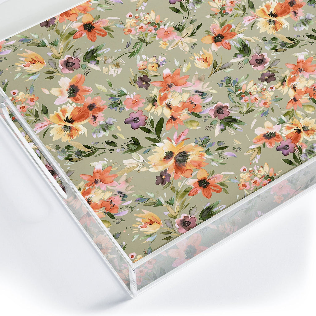 Ninola Design Botanic Retreat Painterly Tropical Flowers Sage Green Acrylic Tray